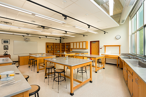 work tables in a new, modern classroom