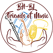 The Friends of Music logo with the words BH-BL friends of music and a depiction of hands holding musical instruments