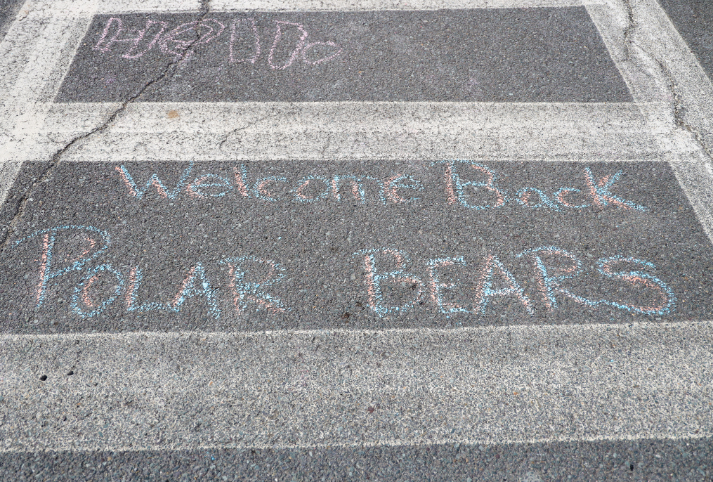 A Welcome back sign in chalk at Pashley Elementary School